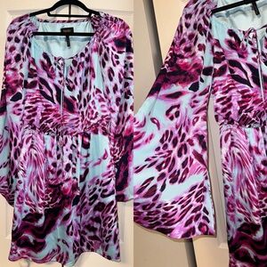 Laundry by Shelli Segal Aqua & Violet Animal Print Bell Sleeve Blouson Dress